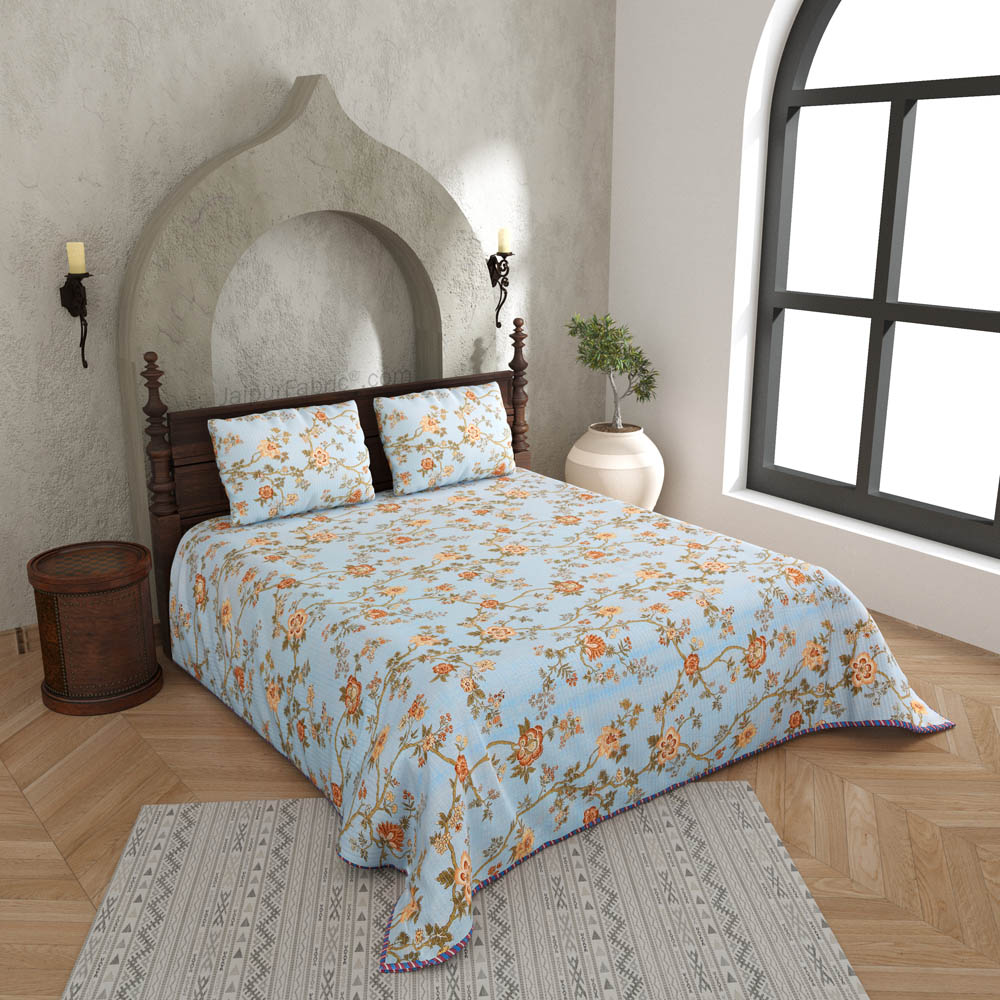 A Serene Sight Pure Cotton Reversible Quilted Bedcover with Pillowcases