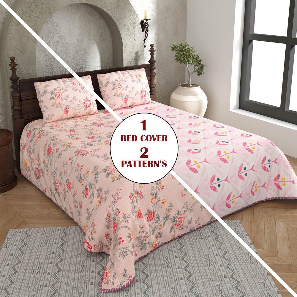 A Lovely Method Pure Cotton Reversible Quilted Bedcover with Pillowcases