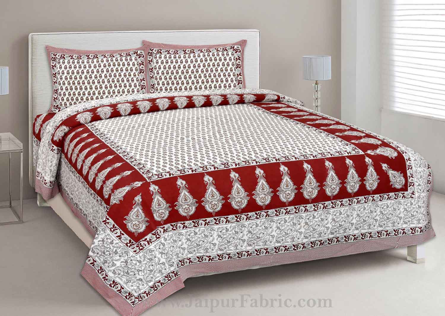 Double Bedsheet Sindoori Red Printed Cotton 2 Pillow Cover