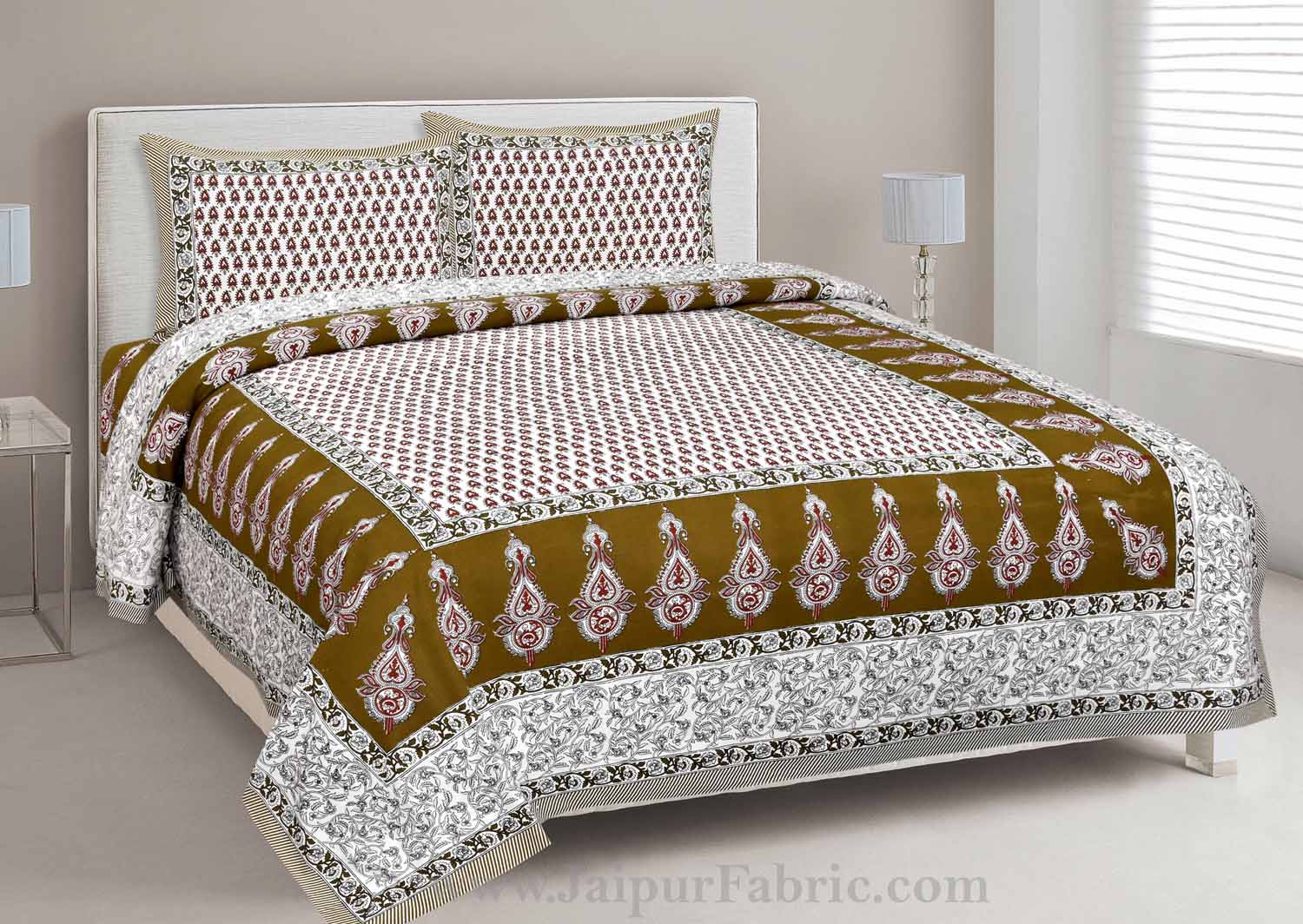 Double Bedsheet Mehndi Green Printed Cotton 2 Pillow Cover
