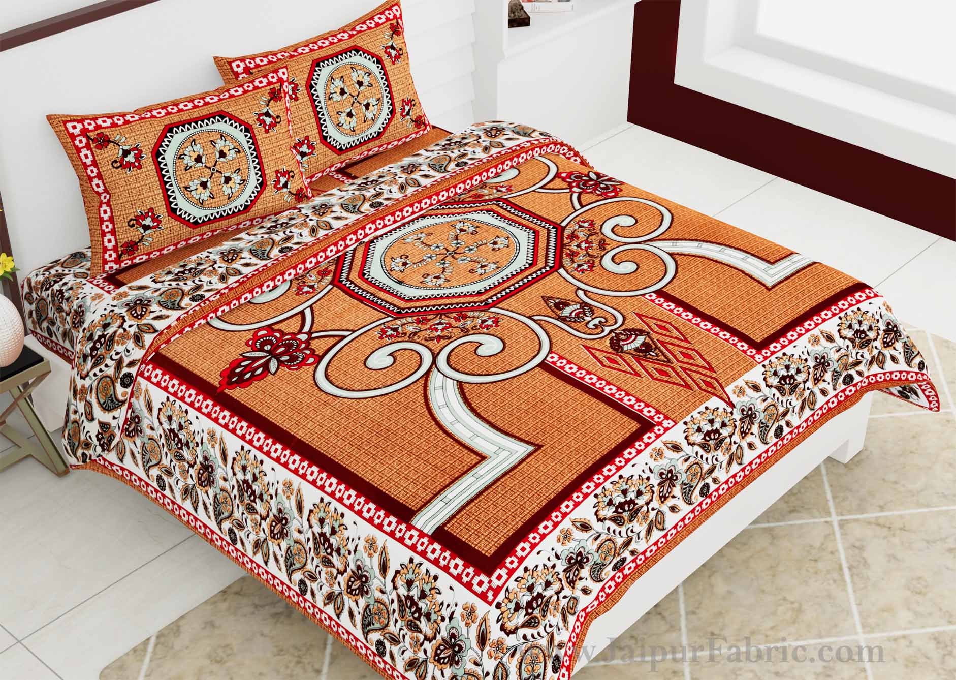 Double Bedsheet Orangish Rangoli Cotton 2 Pillow Cover