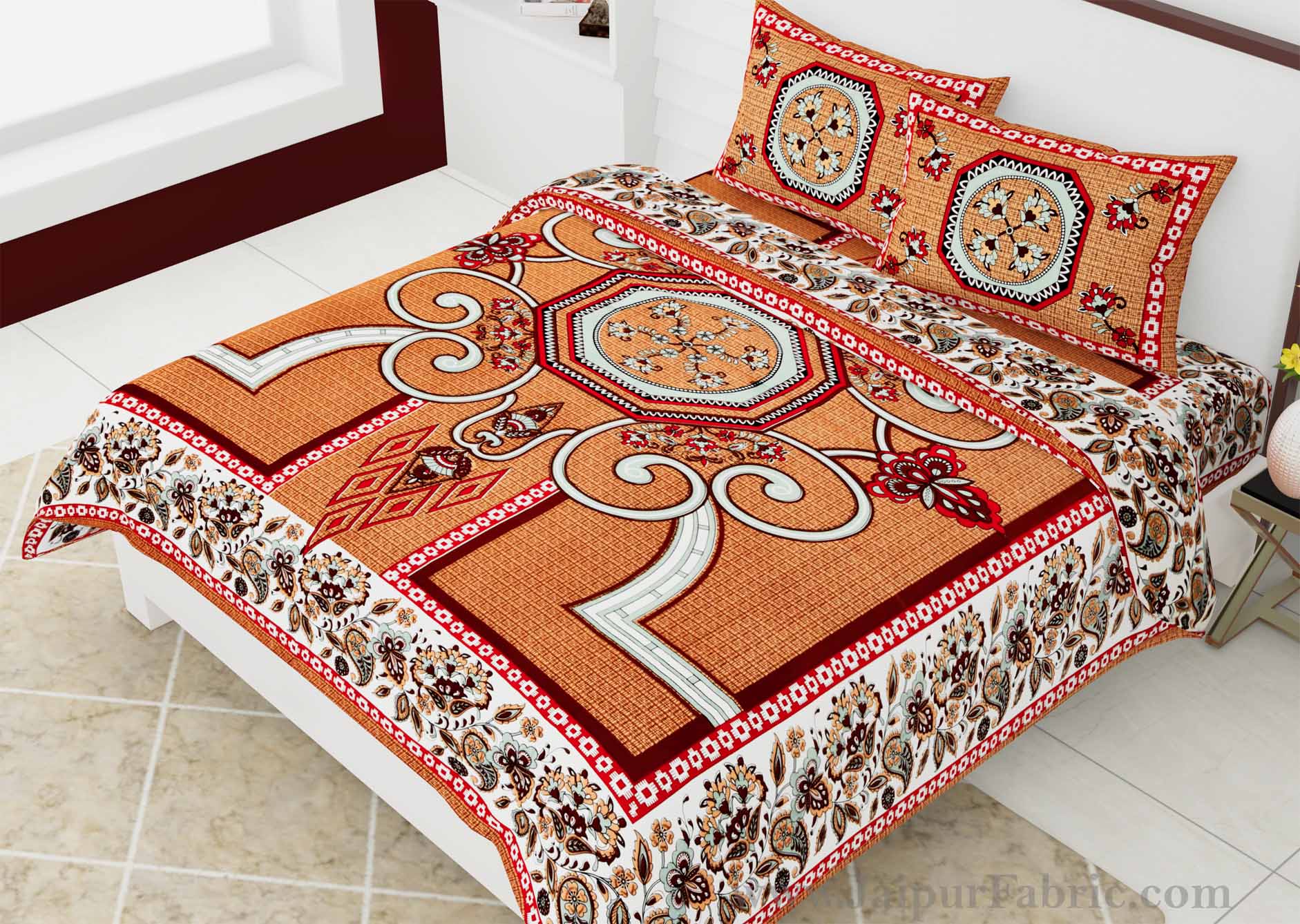 Double Bedsheet Orangish Rangoli Cotton 2 Pillow Cover