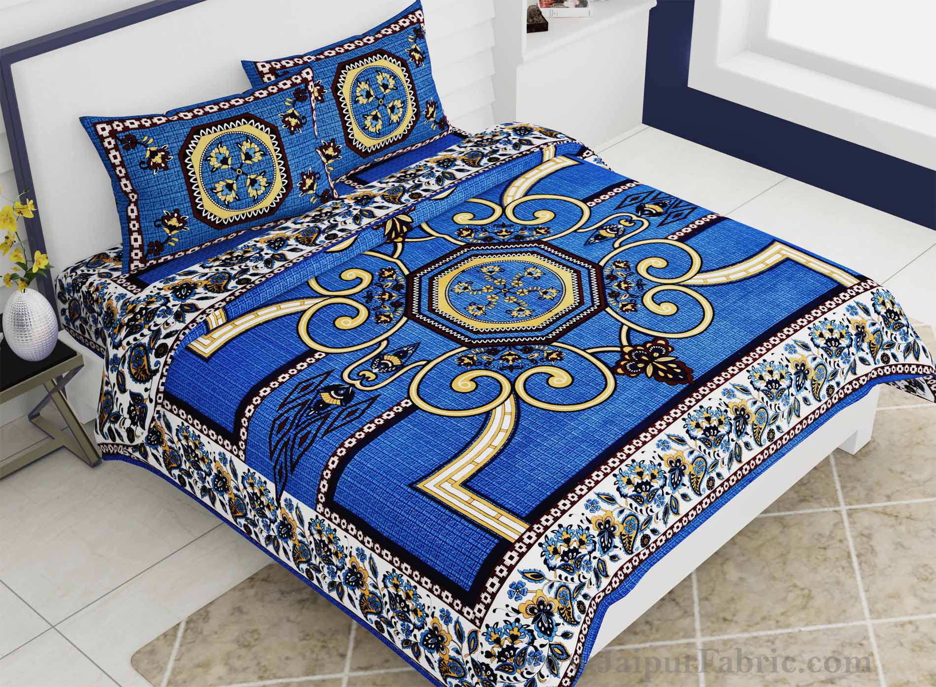 Double Bedsheet Blueish Rangoli Cotton 2 Pillow Cover