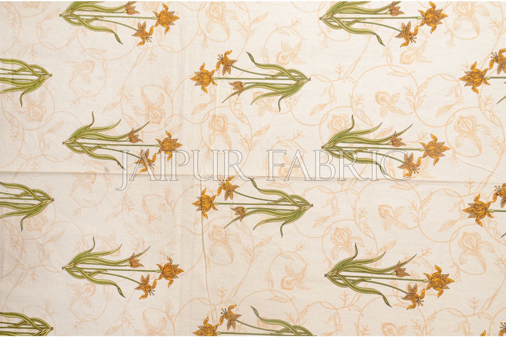 Beige Border Lotus Floral Printed Cotton Single Bed Sheet