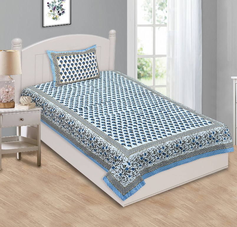 Multi Blue Floral Single Bedsheet with One Pillow Cover