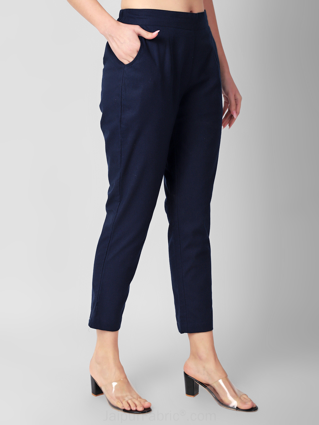 Navy blue linen flat-front slim fit Dress Pants | Sumissura