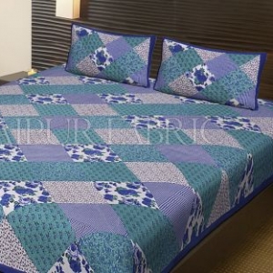 Blue Border Multicolor Base Flower Screen Print Cotton Double Bed Sheet