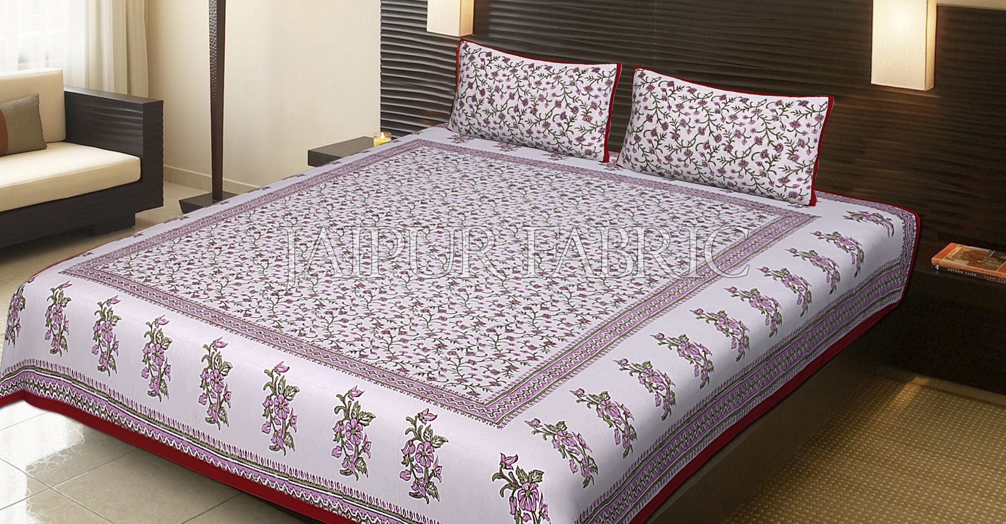 Red Border White Base Leaf Pattern Block Print Cotton Double Bed Sheet