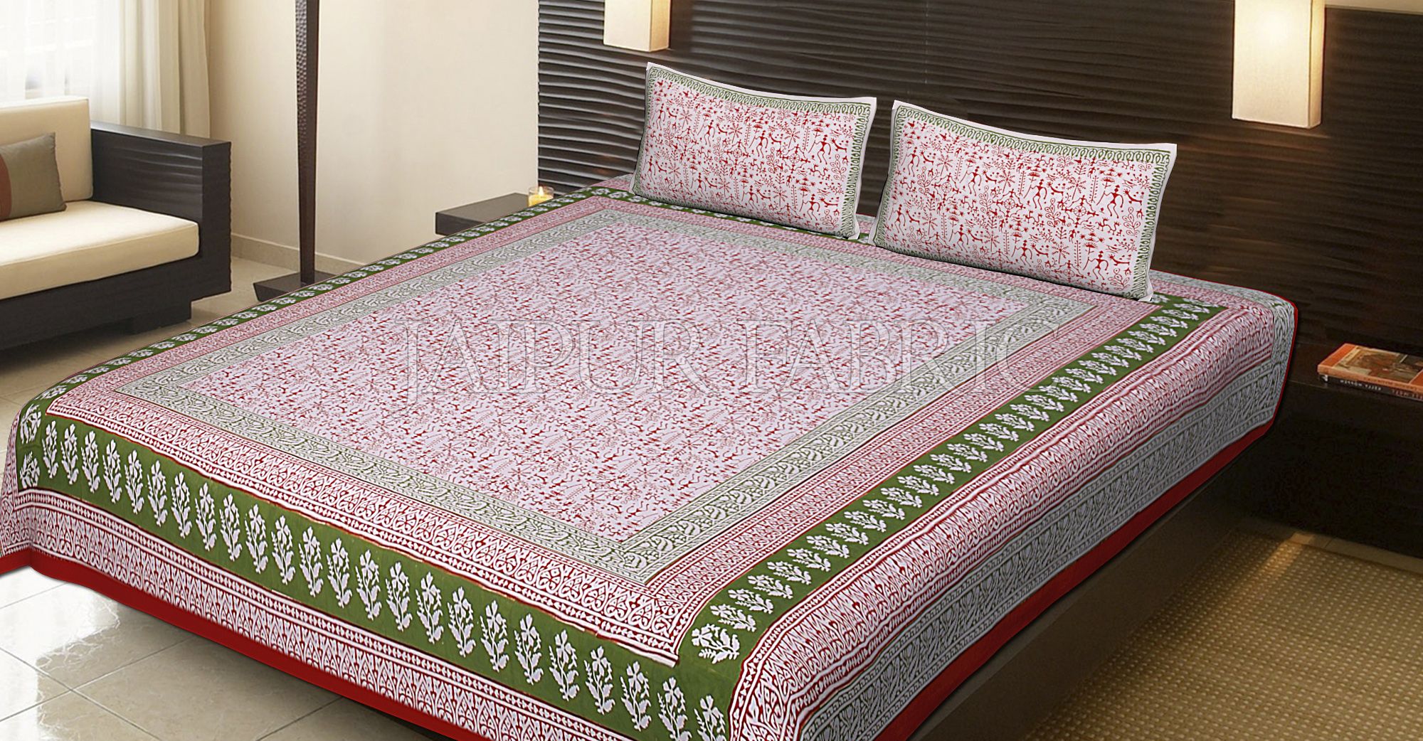 Red Border White Base Tropical Pattern Block Print Cotton Double Bed Sheet