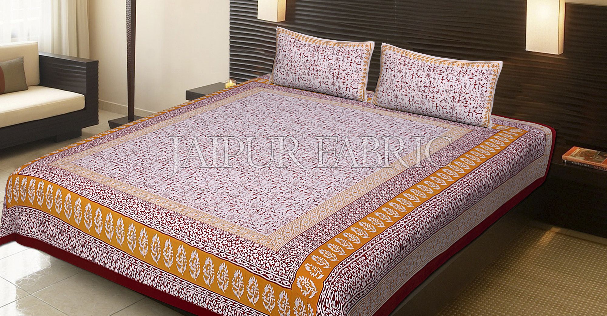 Red Border White Base Red Tropical Pattern Block Print Cotton Double Bed Sheet