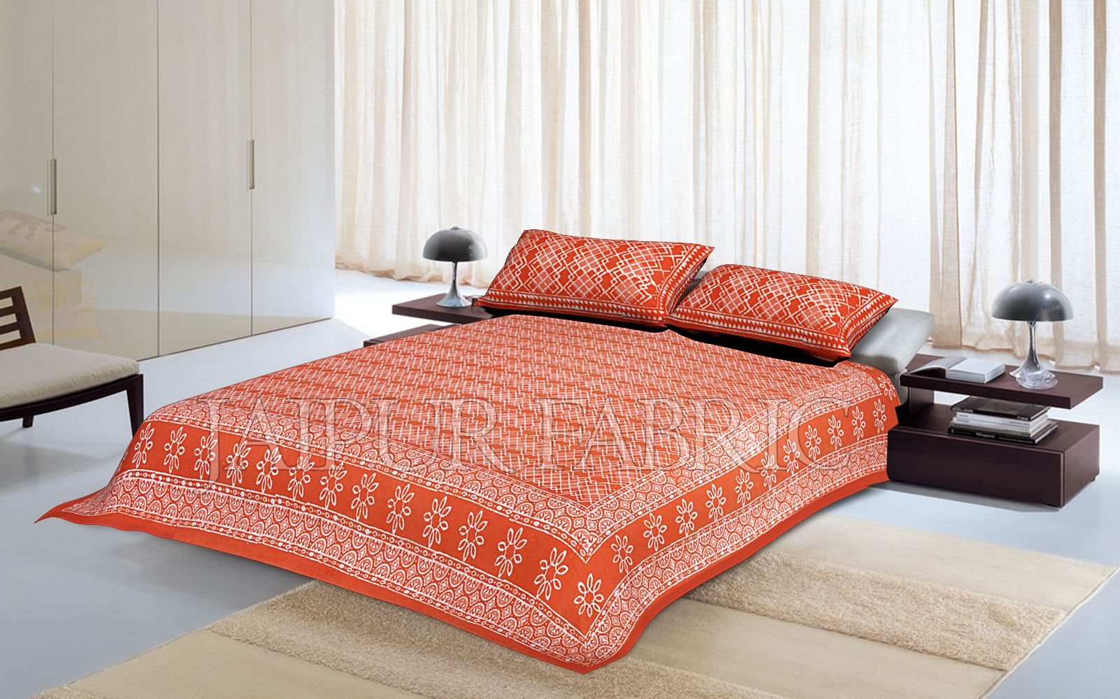 Orange Border Zig Zag Pattern Dhabu Print Cotton Double Bed Sheet