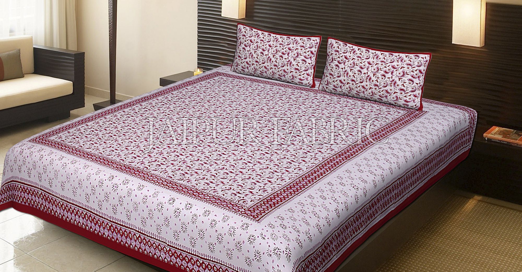 Red Border Leaf Pattern Block Print Cotton Double Bed Sheet