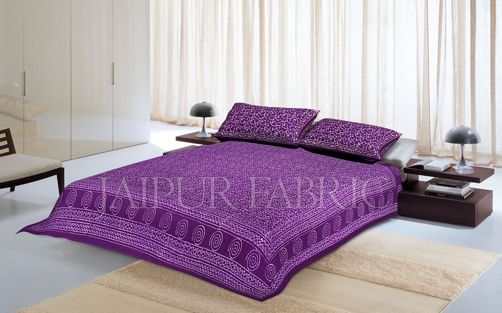 Purple Base Leaf Pattern Dhabu Print Cotton Double Bed Sheet