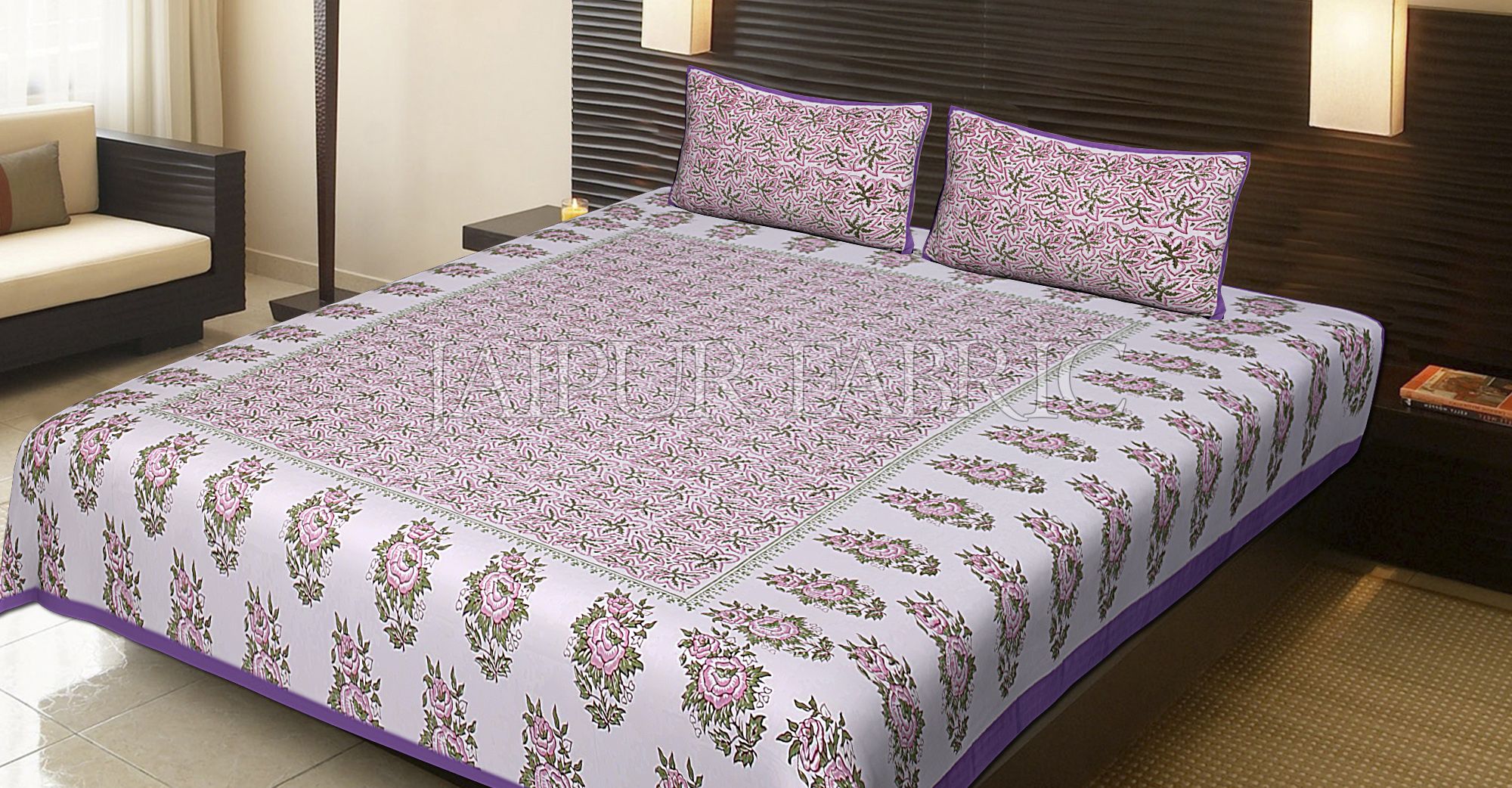 Purple Border White Base Leaf Pattern Block Print Cotton Double Bed Sheet