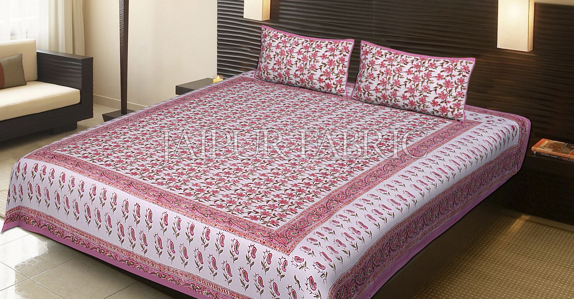 Pink Border White Base Flower Pattern Block Print Cotton Double Bed Sheet