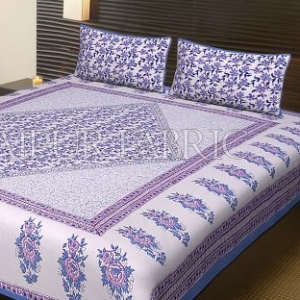 Blue Border Flower Pattern Block Print Cotton Double Bed Sheet