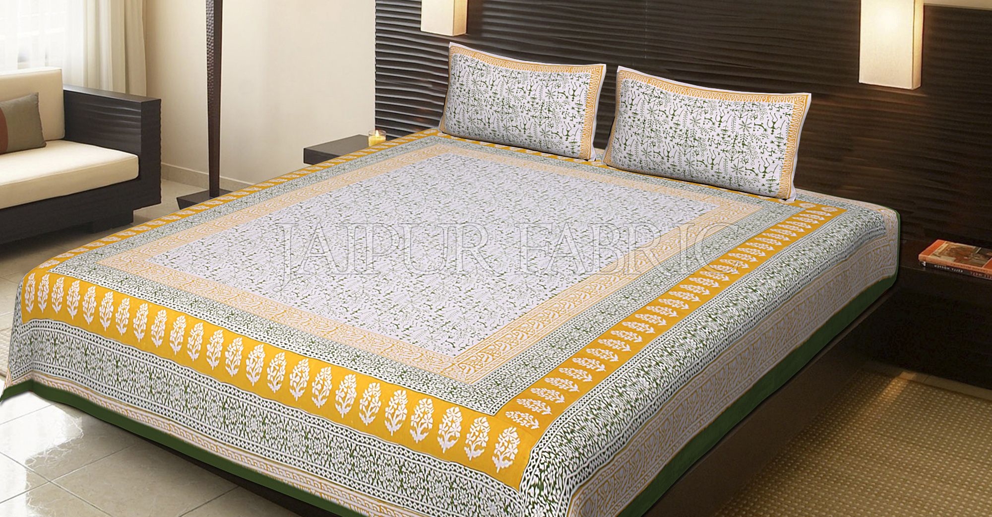 Green Border Tropical Pattern Block Print Cotton Double Bed Sheet