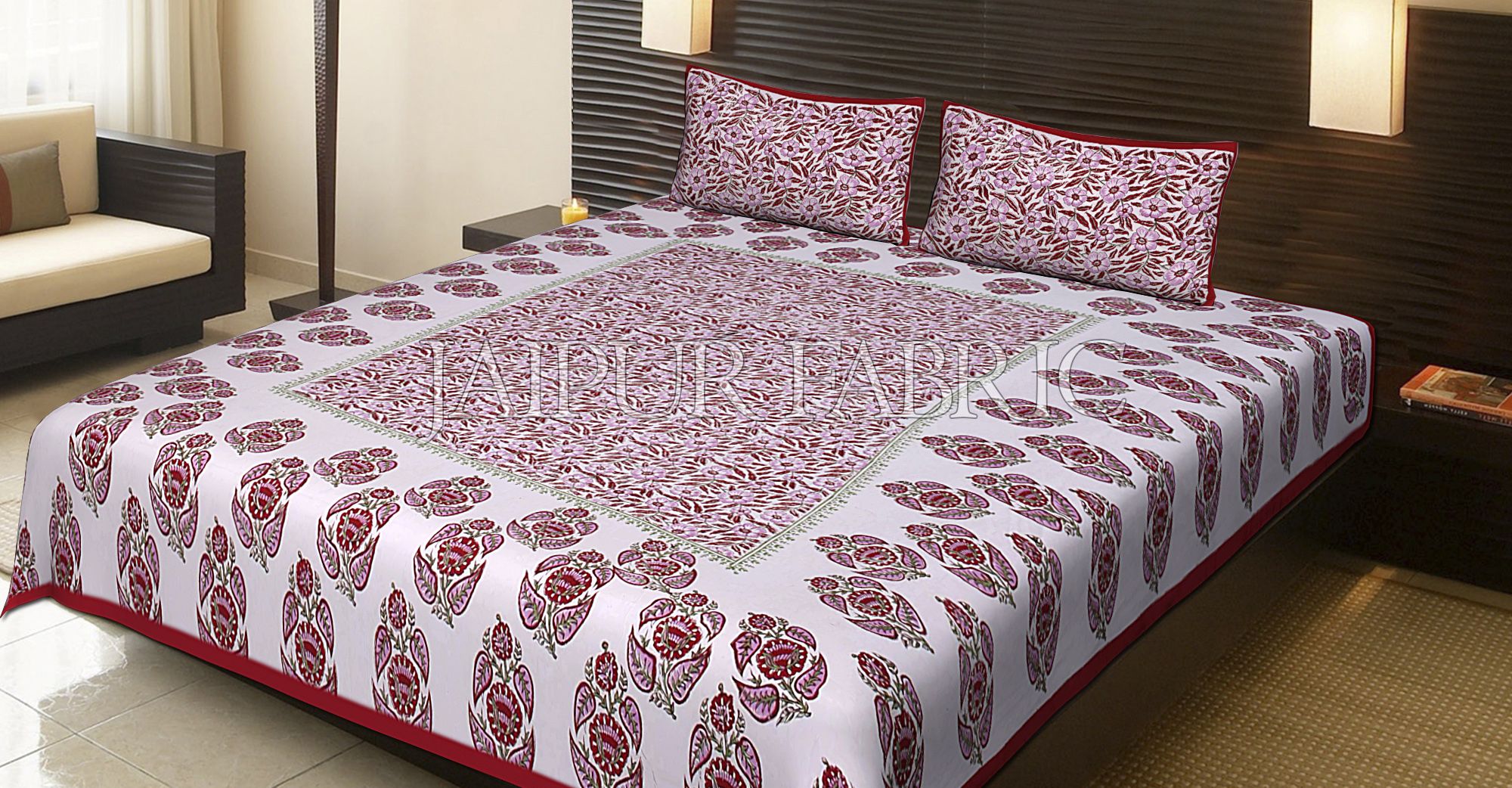 Red Border White Base Floral Pattern Block Print Cotton Double Bed Sheet