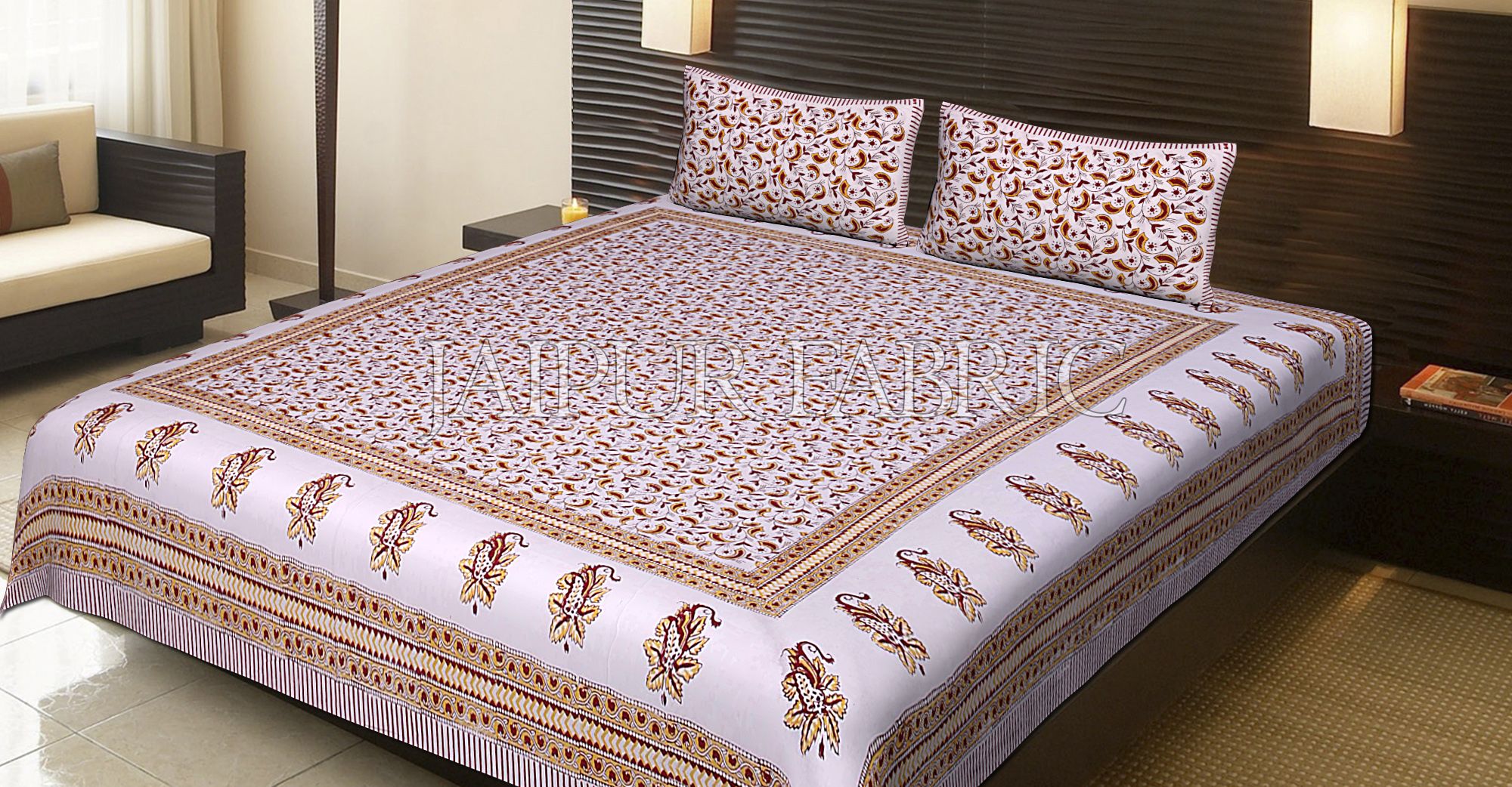 Lining Border Leaf Pattern Block Print Cotton Double Bed Sheet