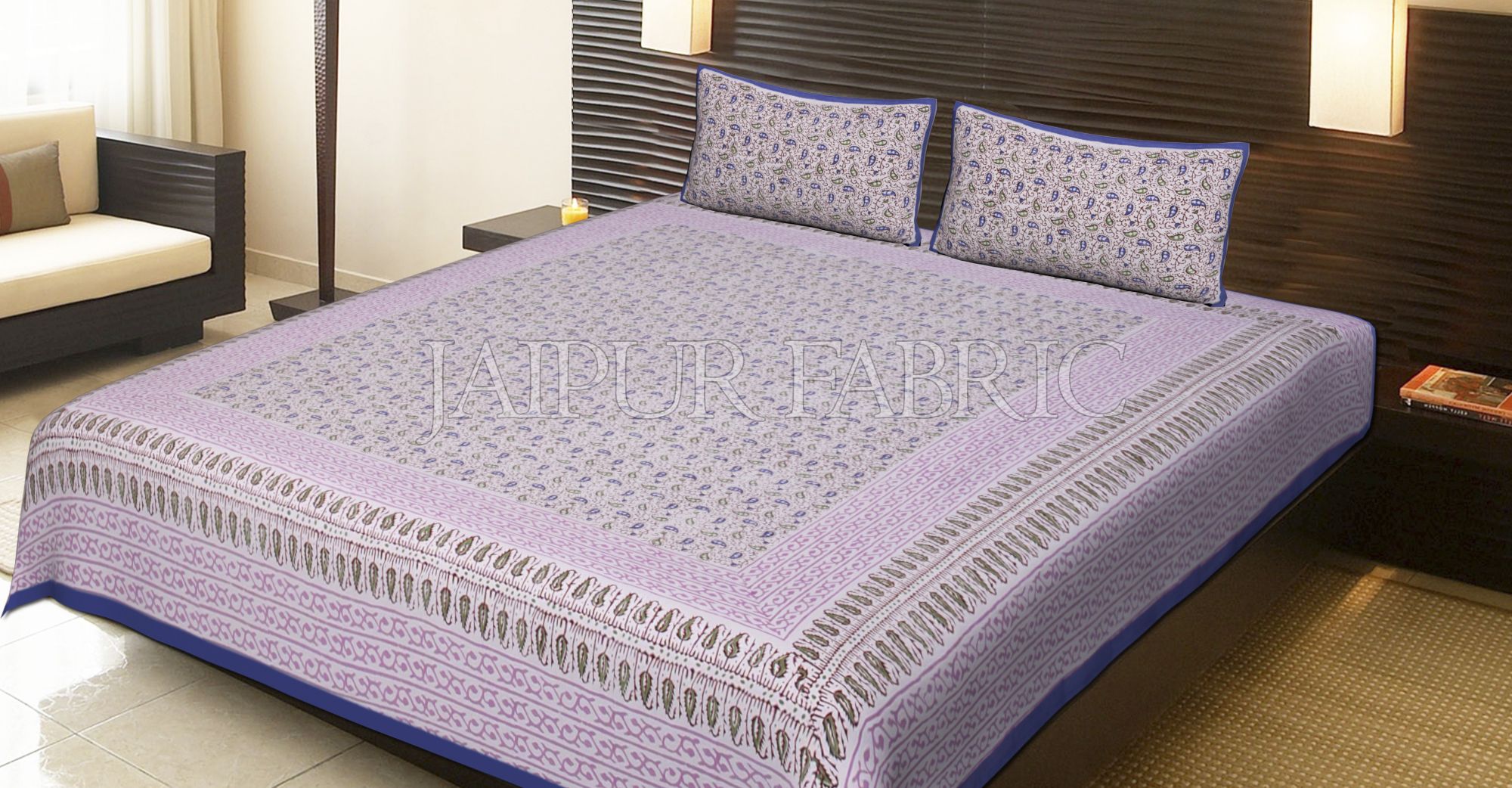 Blue Border Tropical Pattern Block Print Cotton Double Bed Sheet