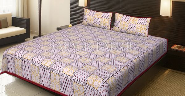 Red Border Square Pattern Block Print Cotton Double Bed Sheet
