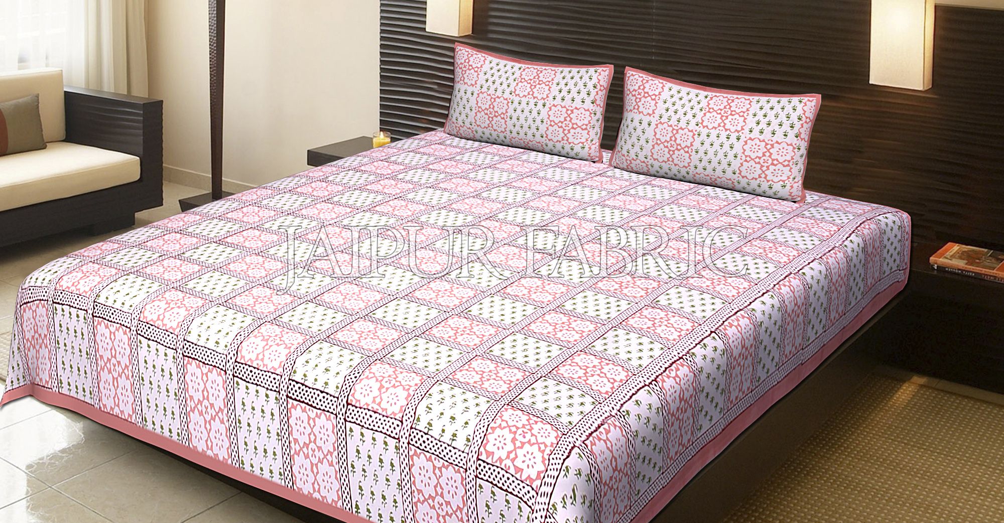 Pink Border Square Pattern Block Print Cotton Double Bed Sheet