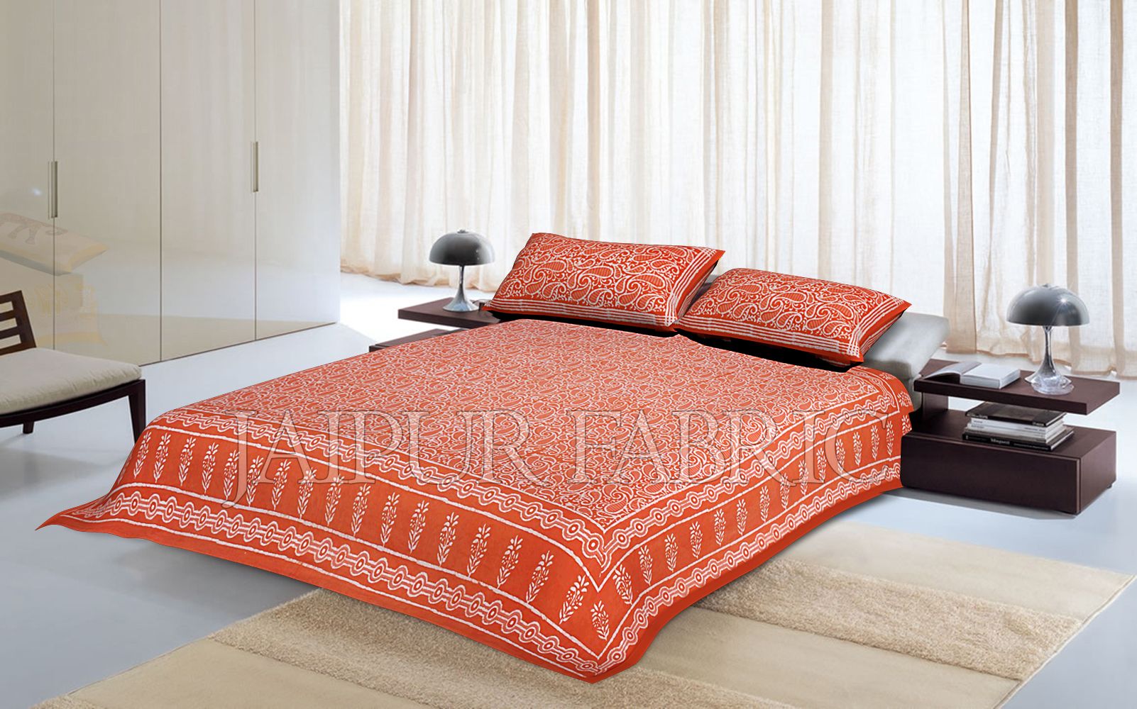 Orange Border Floral Pattern Dhabu Print Cotton Double Bed Sheet