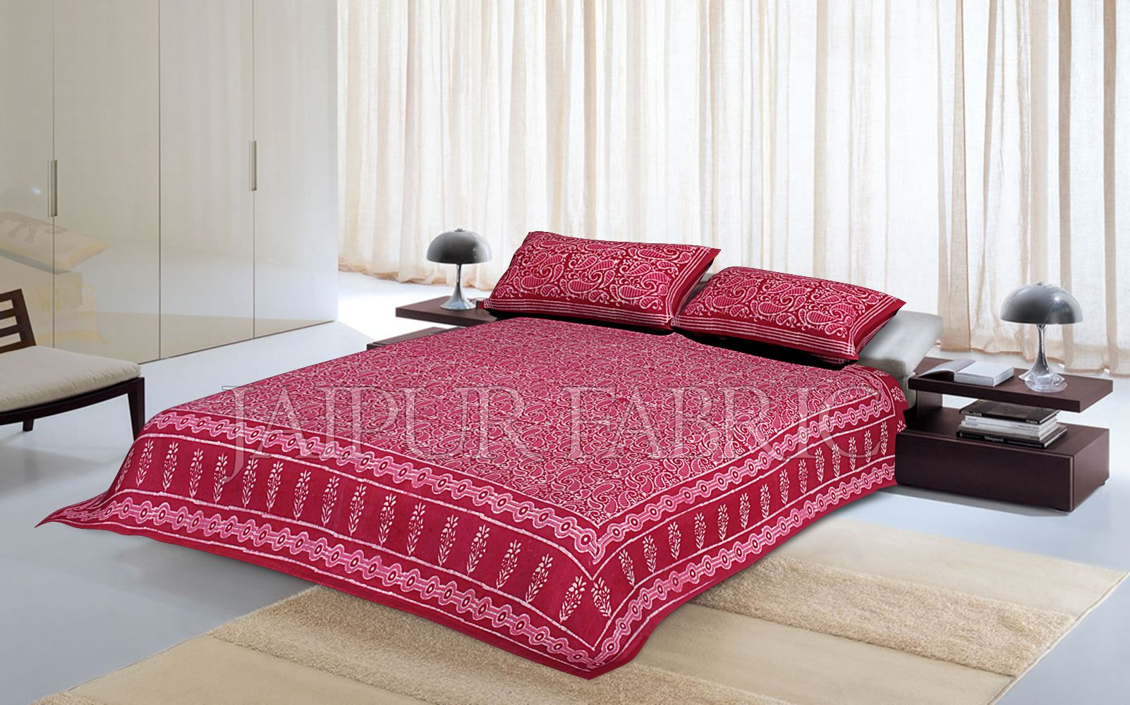 Maroon Border Floral Pattern Dhabu Print Cotton Double Bed Sheet