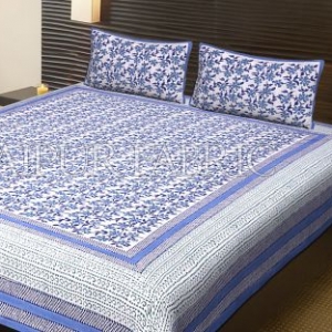 Blue Border White Base Flower Pattern Block Print Cotton Double Bed Sheet