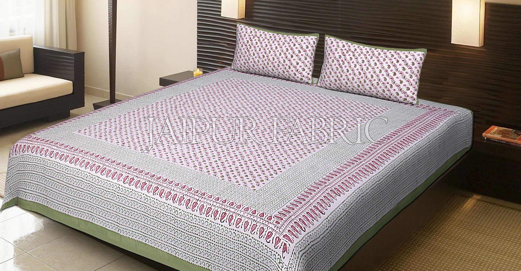 Green Border White Base Floral Pattern Block Print Cotton Double Bed Sheet