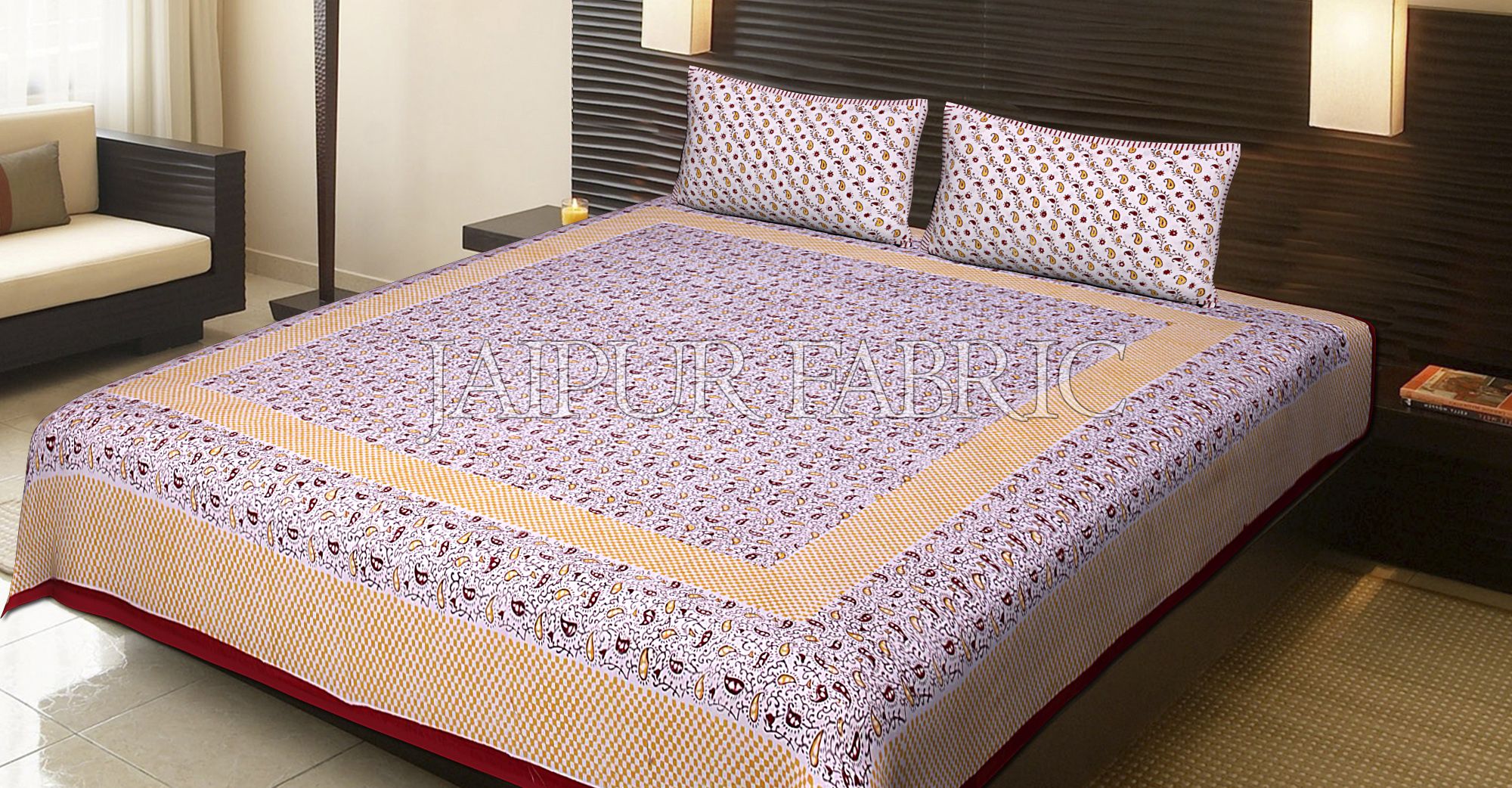 Maroon Border Multi Color Floral Pattern Block Print Cotton Double Bed Sheet