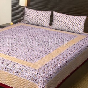 Maroon Border Multi Color Floral Pattern Block Print Cotton Double Bed Sheet