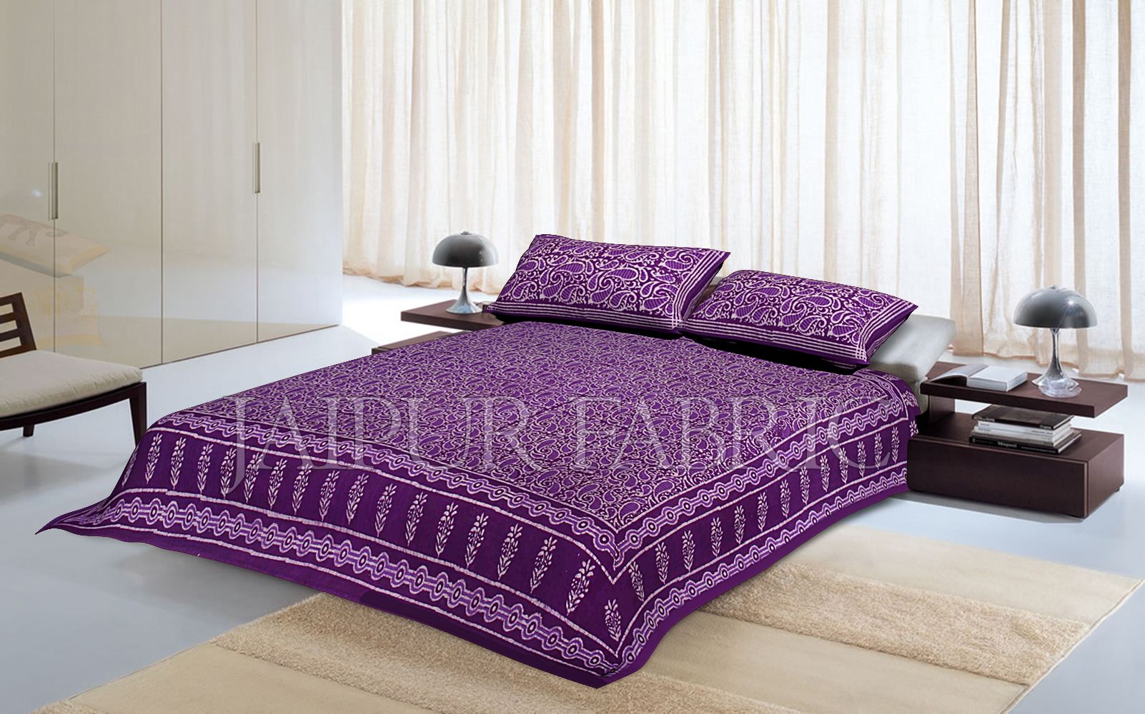 Purple Border Floral Pattern Dhabu Print Cotton Double Bed Sheet