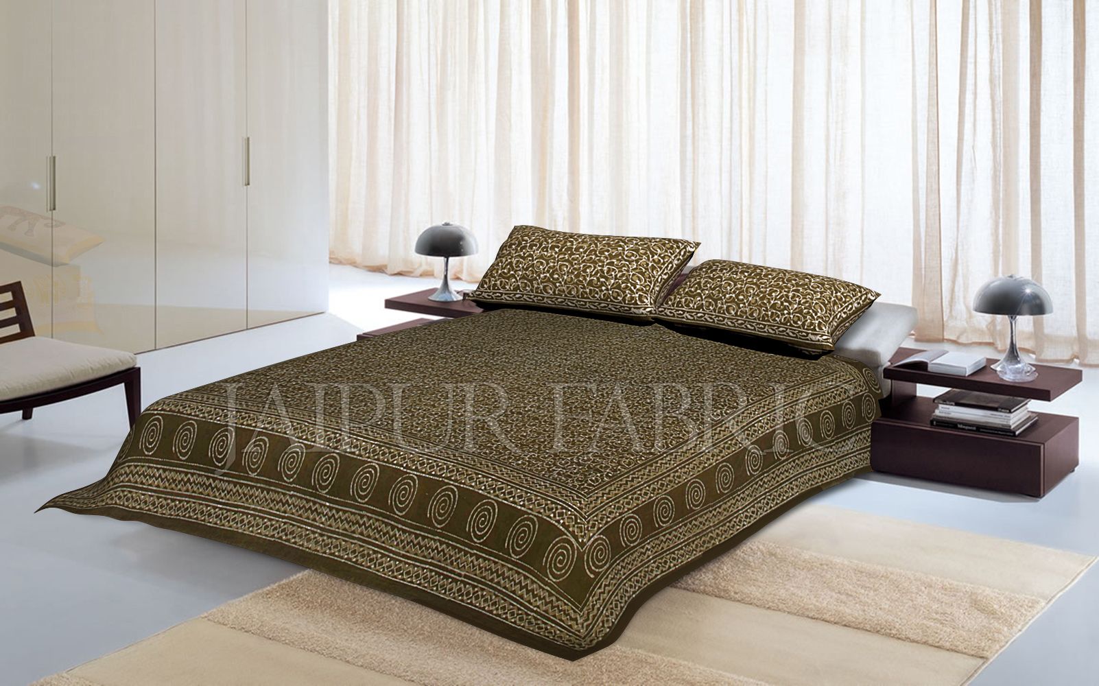 Green Border Leaf Pattern Dhabu Print Cotton Double Bed Sheet