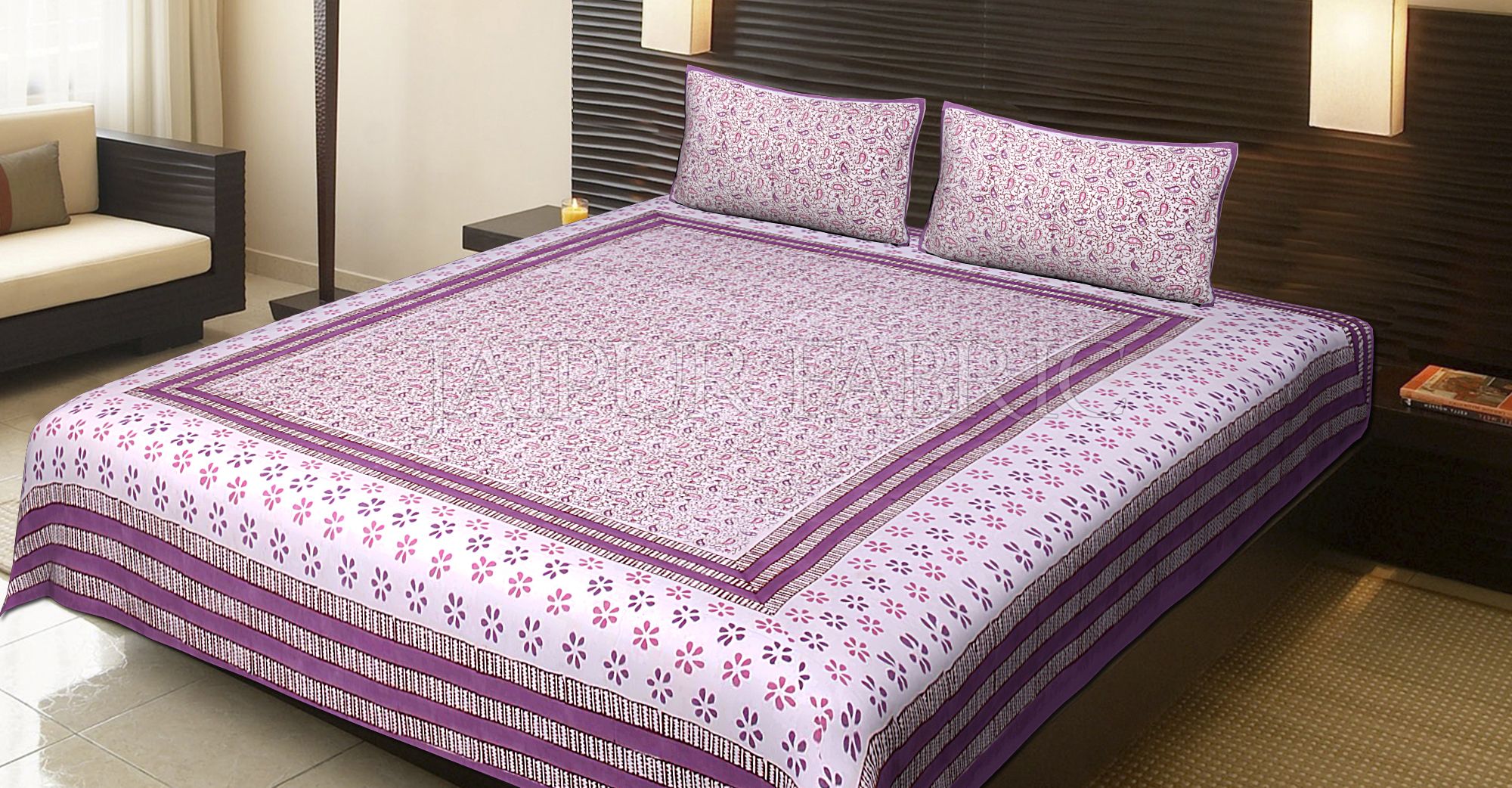 Pink Border Multi Color Floral Pattern Block Print Cotton Double Bed Sheet