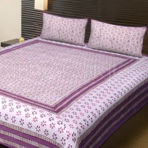 Pink Border Multi Color Floral Pattern Block Print Cotton Double Bed Sheet