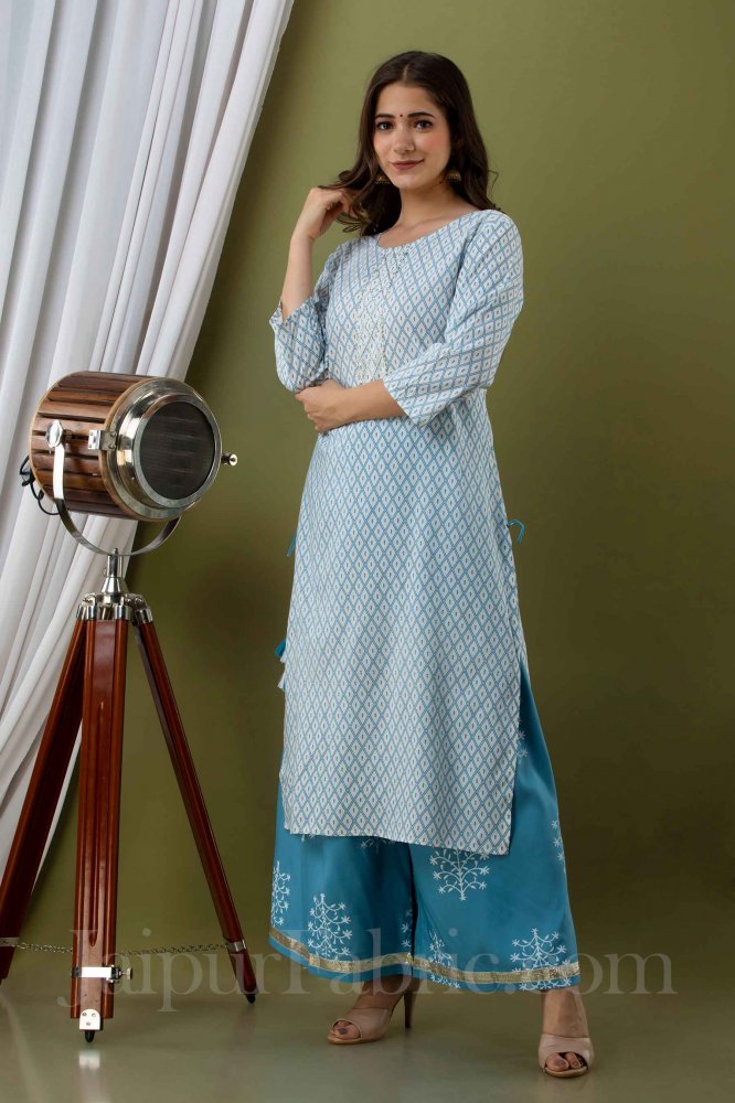 Blue kurti with foil mirror and handwork and white printed pant  Kurti  Fashion