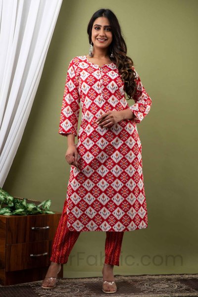 Women Red Traditional Print Cotton Kurti with Pant &amp; Dupatta