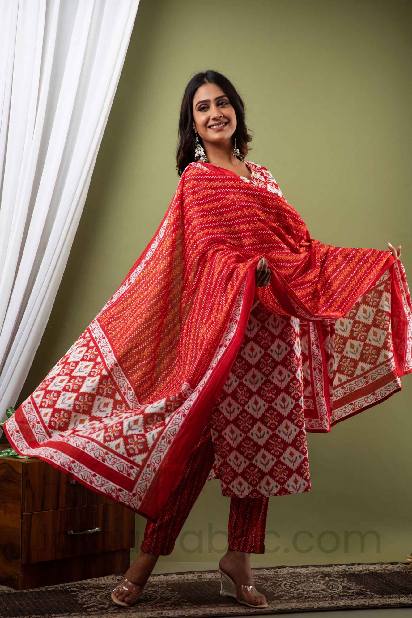 Women Red Traditional Print Cotton Kurti with Pant & Dupatta
