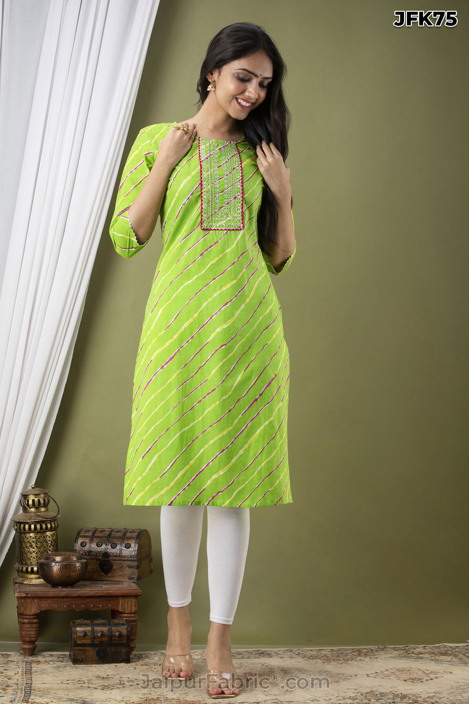 Fabric pure cotton printed kurti with dupatta set with embroidery lahariya  design - Jaipuri Clothes