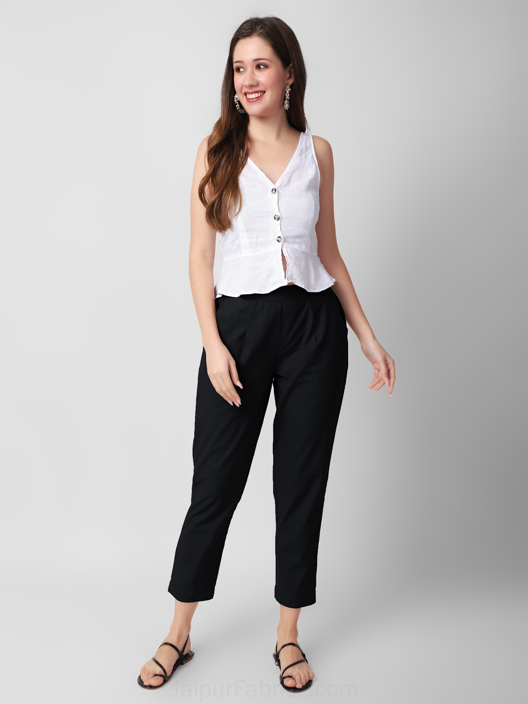 Shop Black Solid Regular Fit Cotton Trousers For Women | सादा /SAADAA