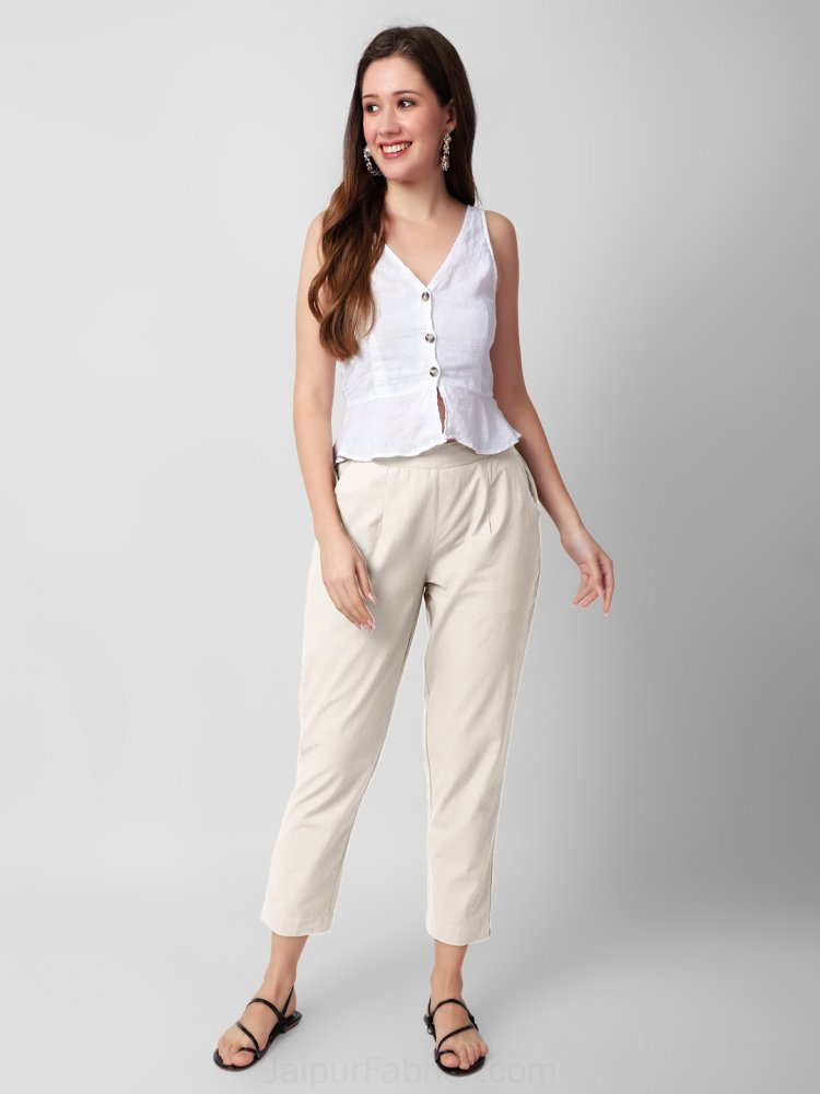Women Solid Cream High-Rise Waist Cotton Loose Fit Straight Leg Trousers -  Berrylush