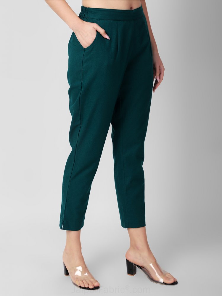 Formal Wear Dark Green Cotton Ladies Pants Regular Fit Flat Trousers