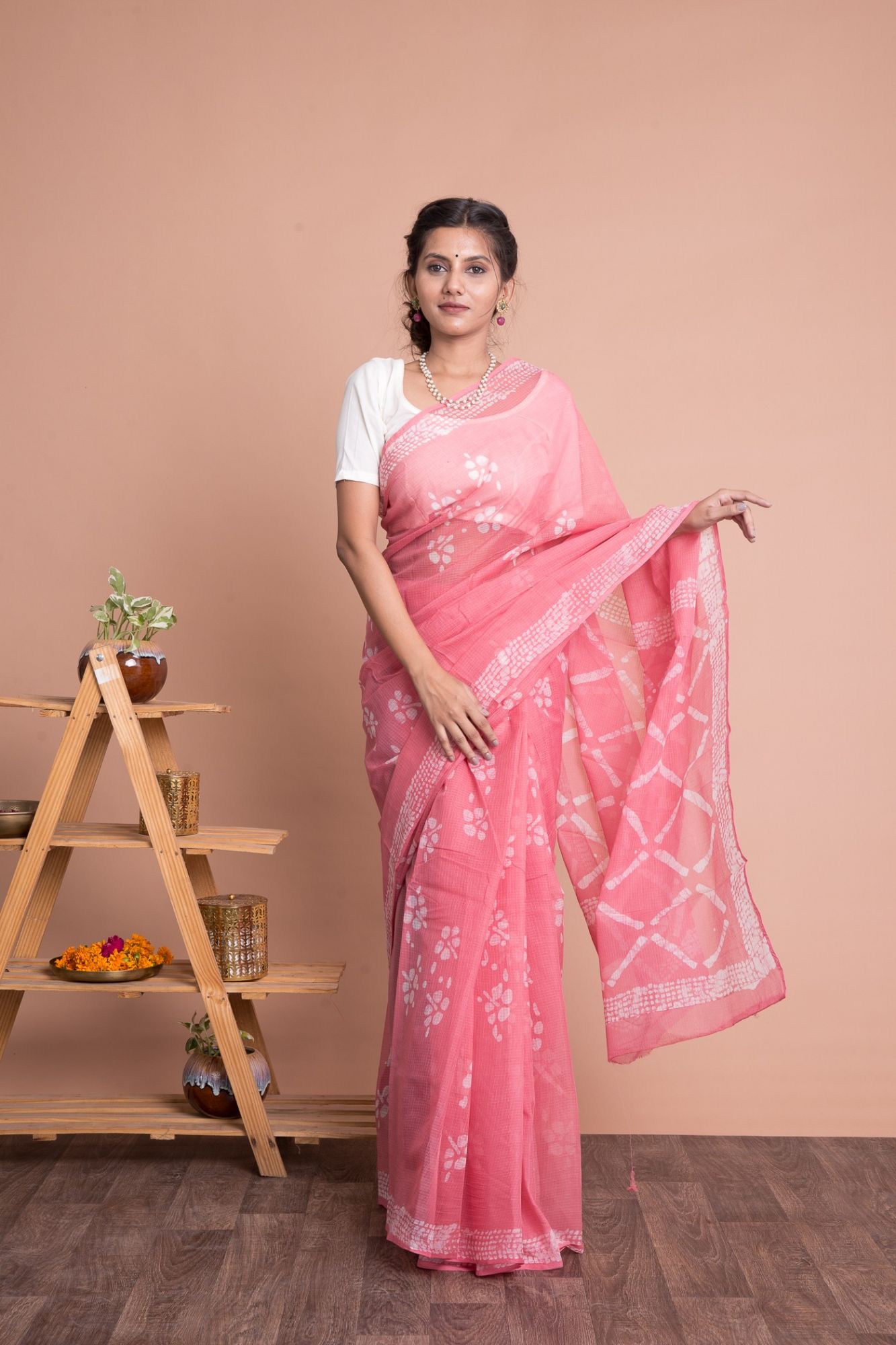 Batik Print Floral Pattern Kota Doria Saree with Mulmul Cotton Unstitched Blouse - Pink