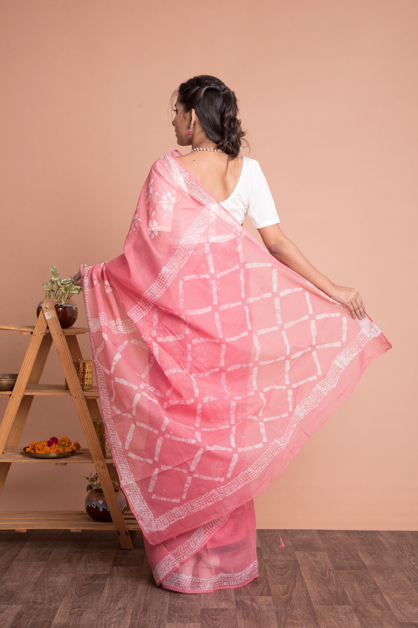 Batik Print Floral Pattern Kota Doria Saree with Mulmul Cotton Unstitched Blouse - Pink