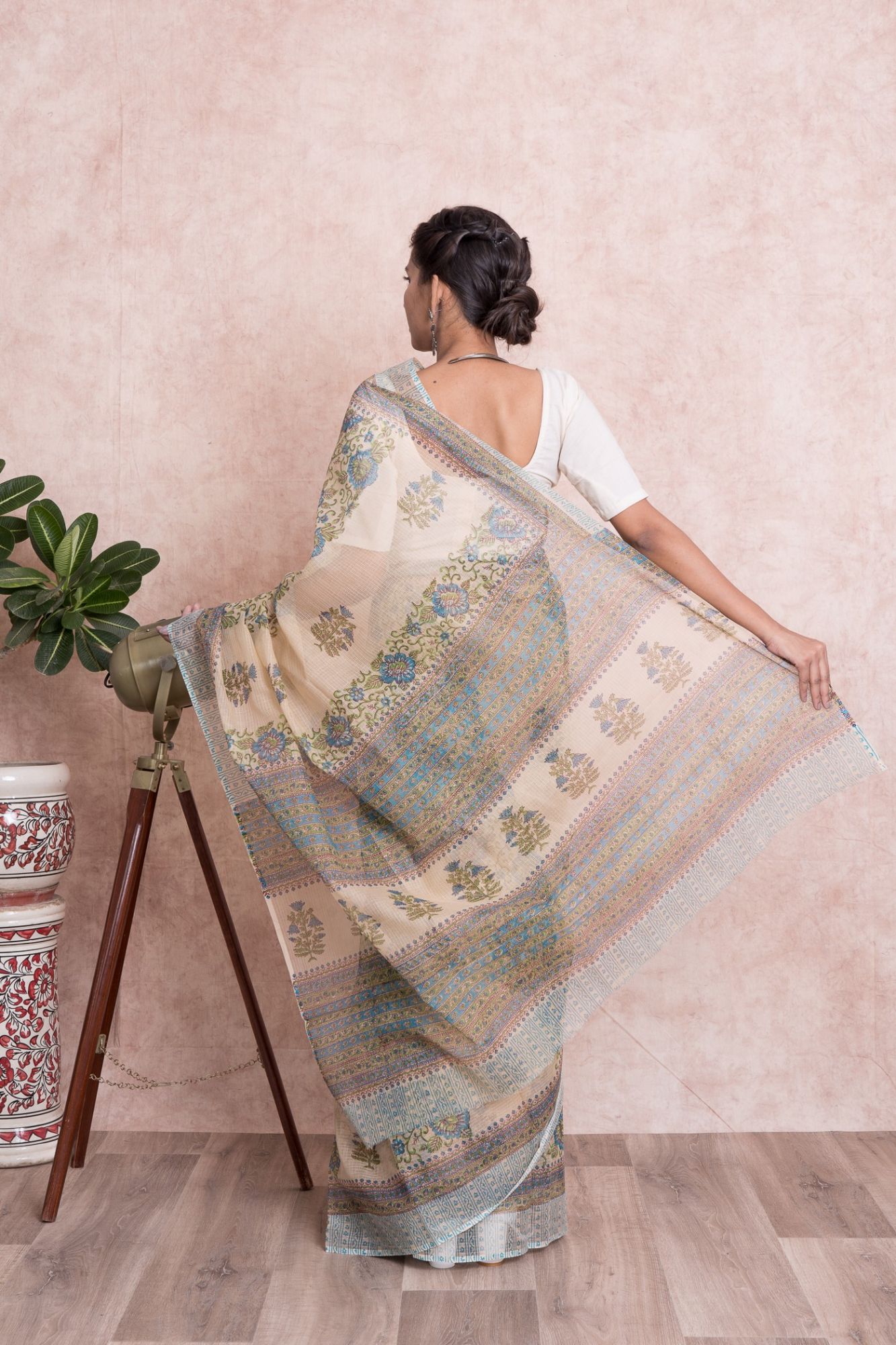 Floral Pattern Hand Block Printed Kota Doria Saree with Mulmul Cotton Unstitched Blouse