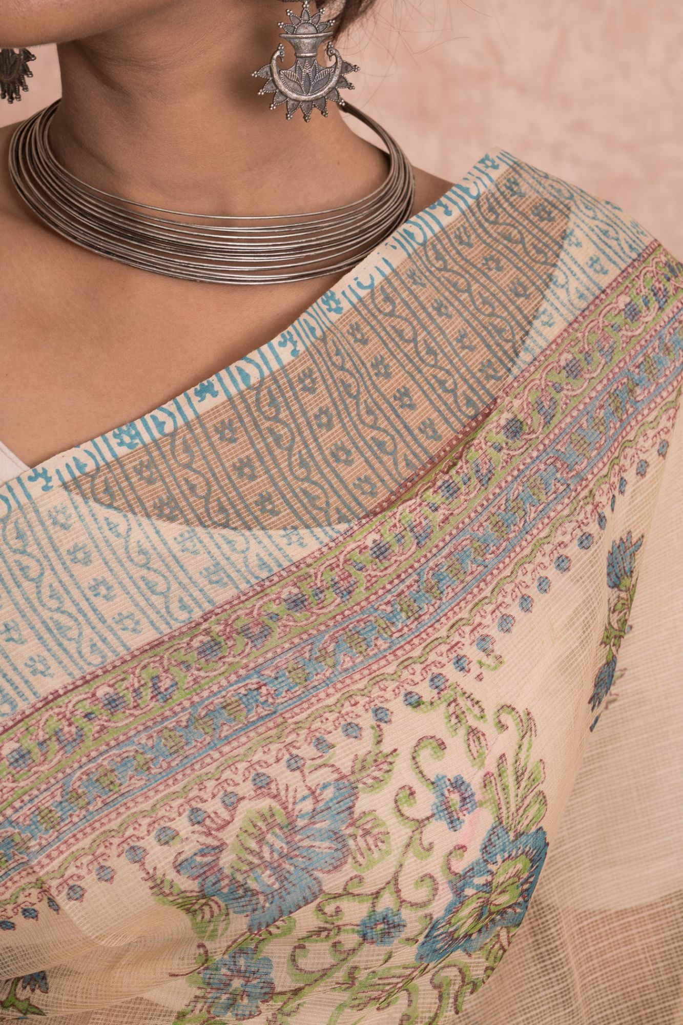 Floral Pattern Hand Block Printed Kota Doria Saree with Mulmul Cotton Unstitched Blouse
