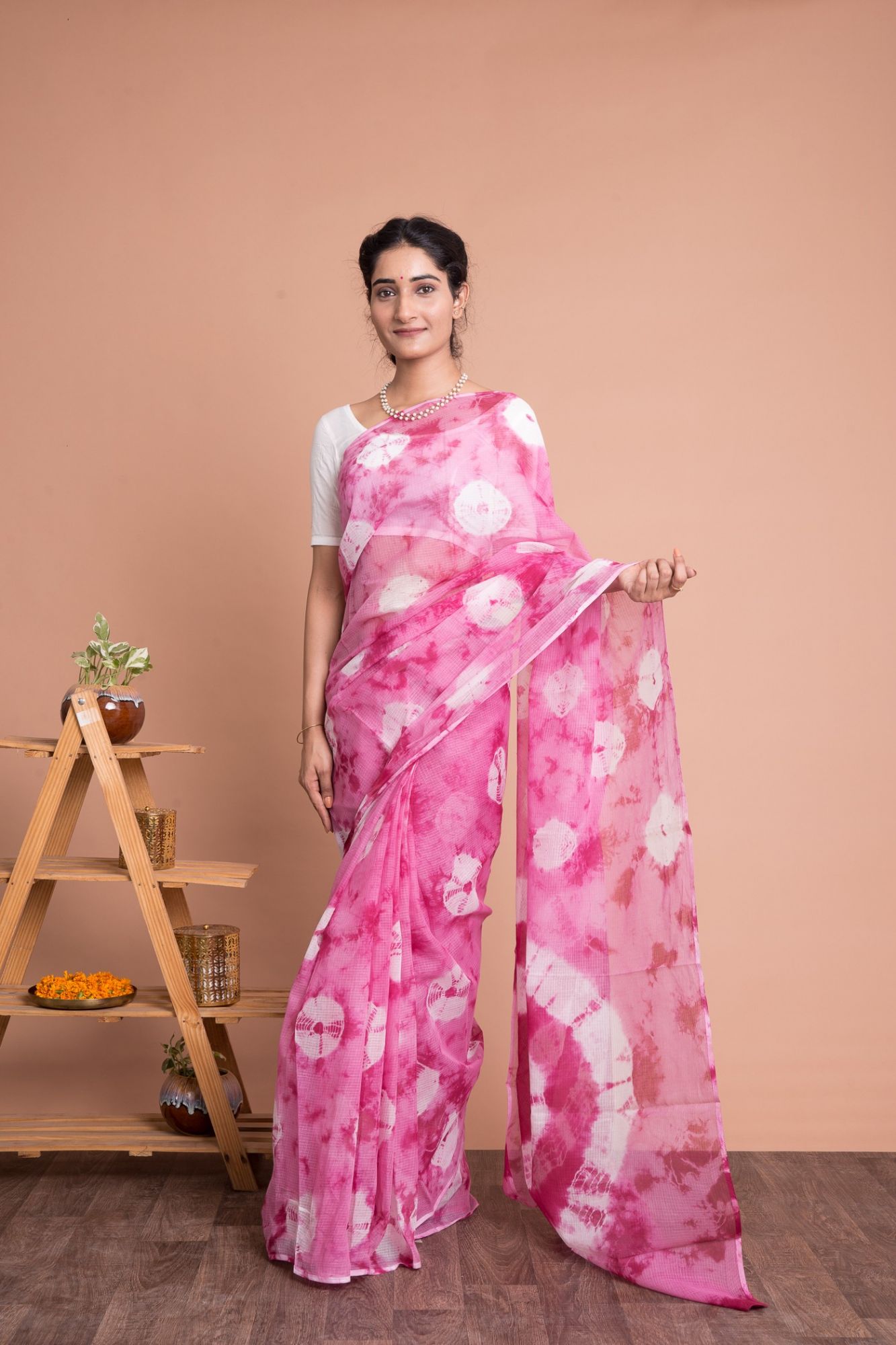 Tie And Dye Marble Print Kota Doria Saree with Mulmul Cotton Unstitched Blouse - Pink