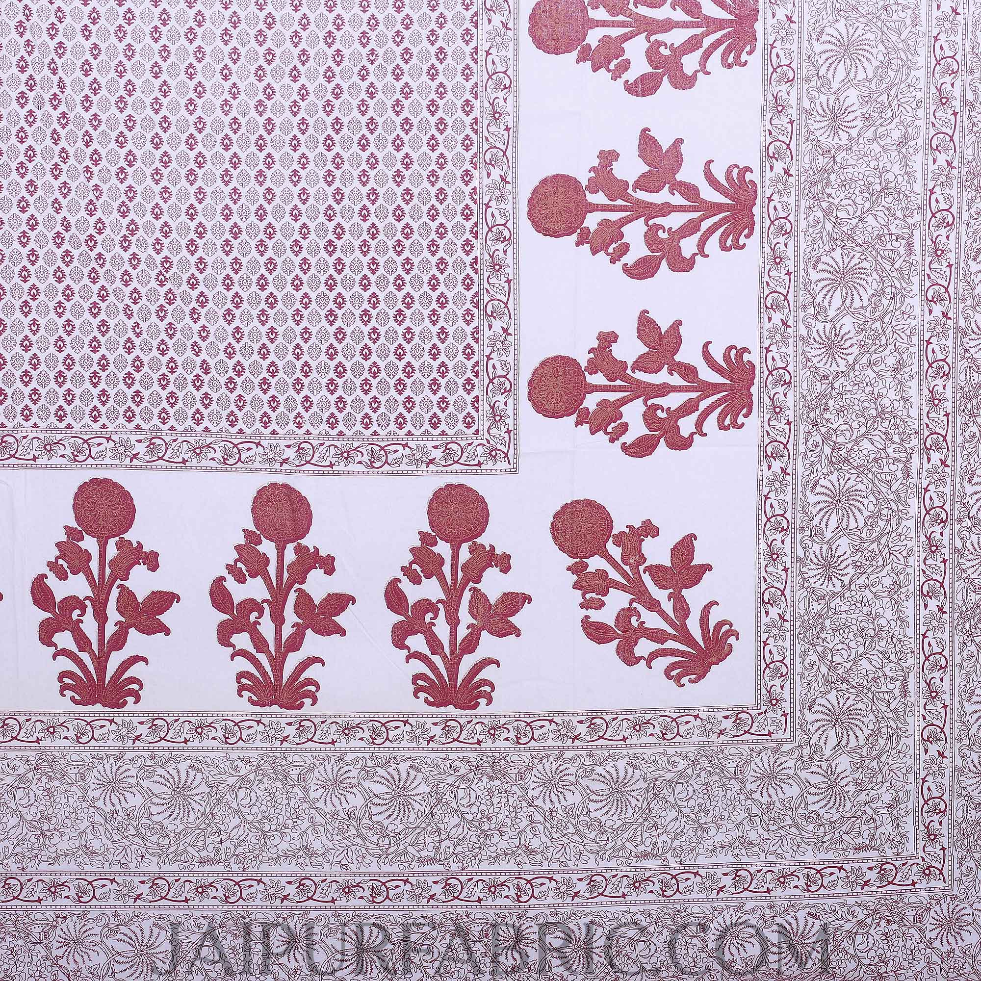 Maroon Border Floral Print Cotton Satin King Size Bedsheet