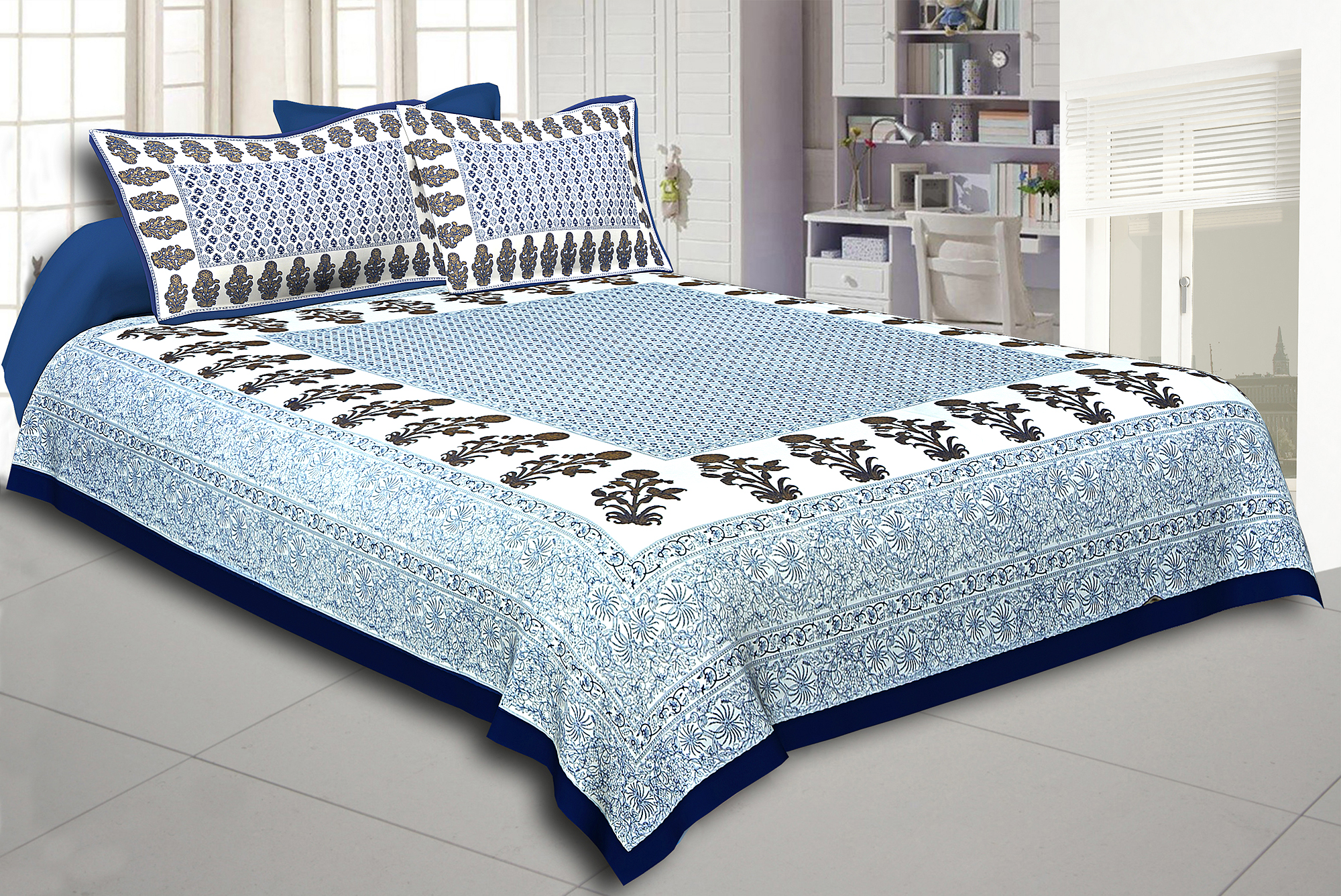 Navy Blue Border Floral Print Cotoon Satin King Size Double  Bedsheet